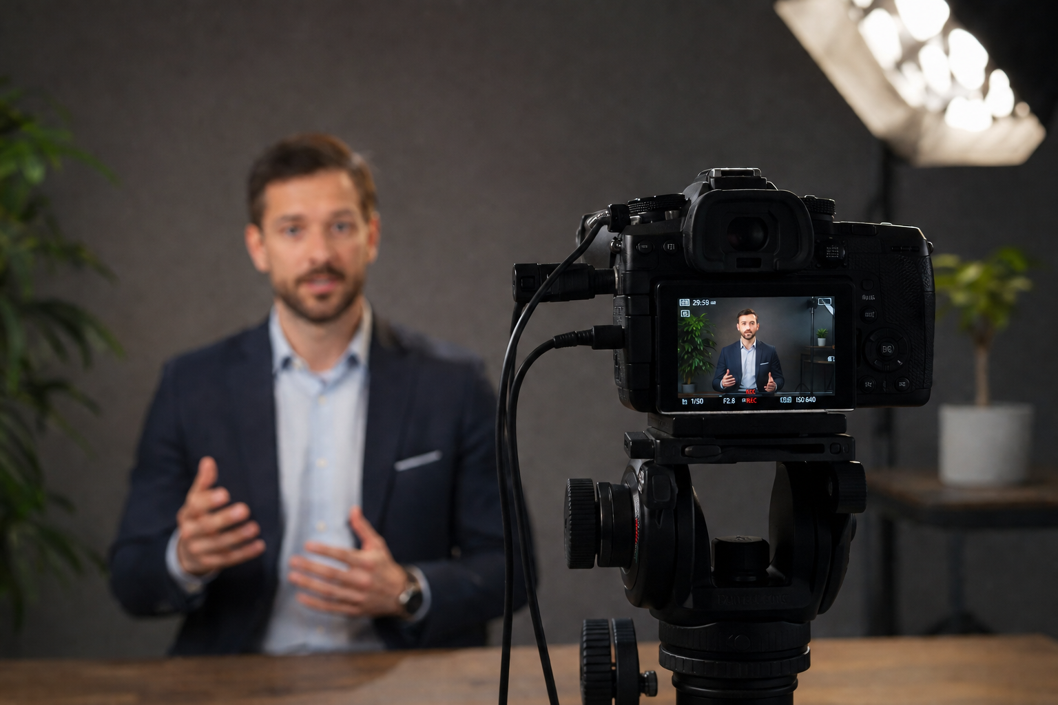 Dirigeant filme en studio professionnel pour production de contenu video B2B - tournage d une video d expertise sur camera DSLR en mode enregistrement - infrastructure de contenu YouTube qui qualifie les prospects B2B avant le premier contact commercial