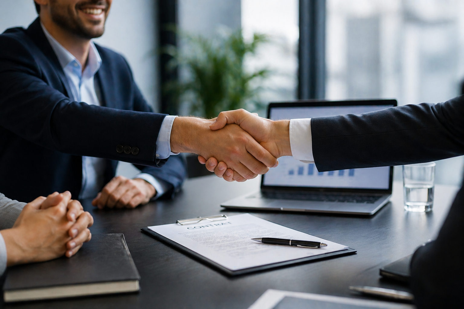 Poignee de main entre deux dirigeants B2B au-dessus d un contrat signe en salle de reunion - conclusion acceleree d un deal commercial grace a un prospect arrive prepare et une decision deja amorcee avant le rendez-vous - resultat d un cycle de vente B2B bien structure