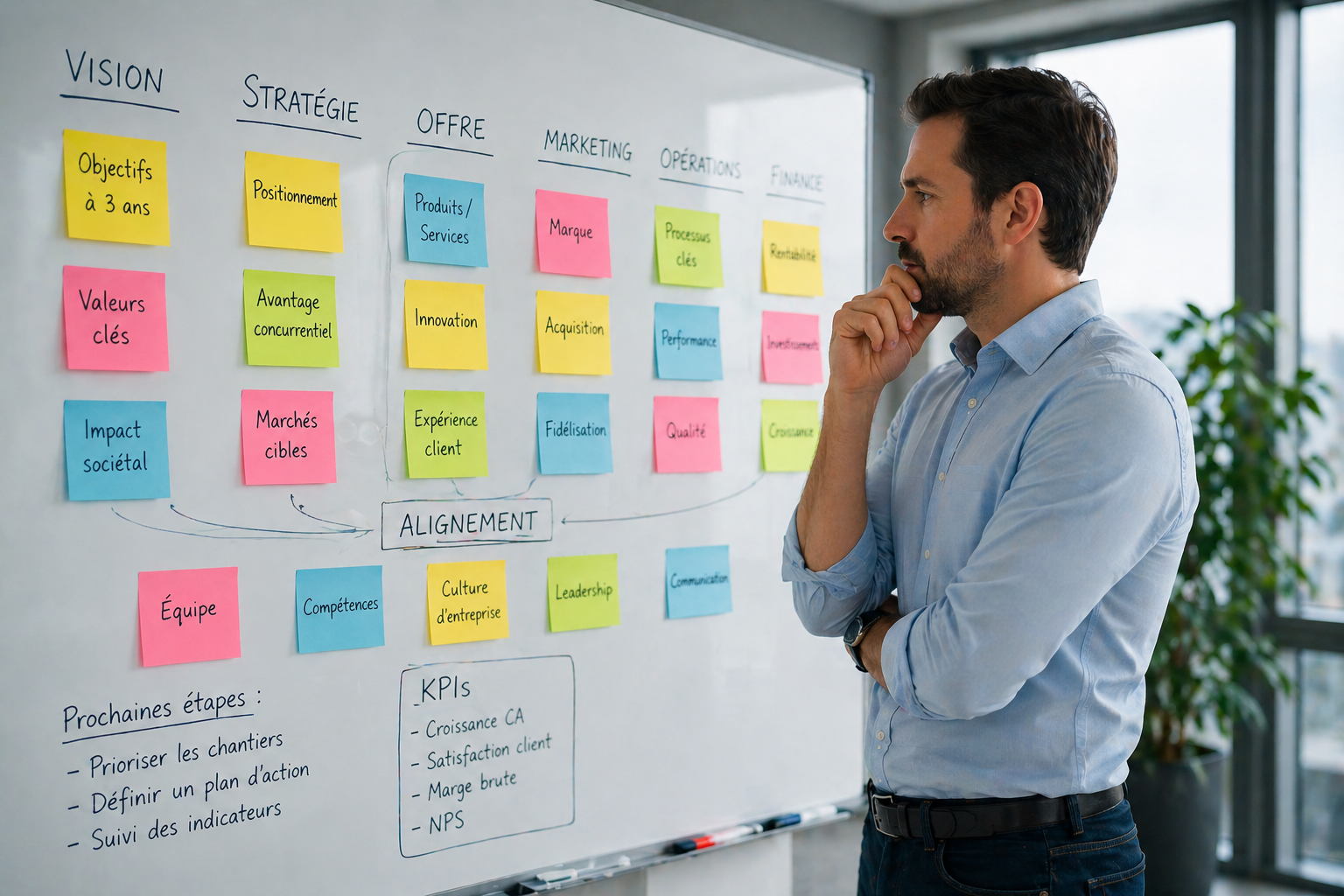 Dirigeant de PME analysant un tableau blanc de diagnostic strategique avec post-its organises par vision, strategie, offre, marketing, operations et finance - noeud central alignement et KPIs croissance CA, marge brute, NPS - cartographie des angles morts avant de prioriser les chantiers marketing B2B