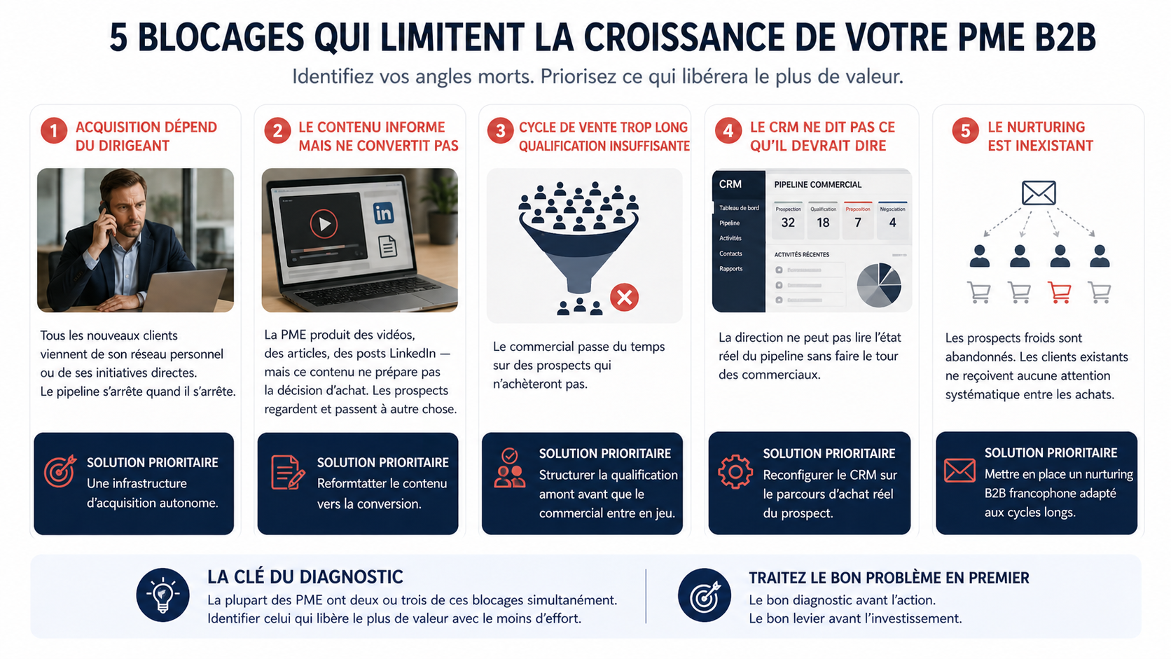 Infographie 5 blocages qui limitent la croissance PME B2B - acquisition dependante du dirigeant, contenu qui ne convertit pas, cycle de vente trop long, CRM illisible, nurturing inexistant - solutions prioritaires : infrastructure d acquisition autonome, contenu oriente conversion, qualification amont, CRM reconfigure, nurturing B2B francophone