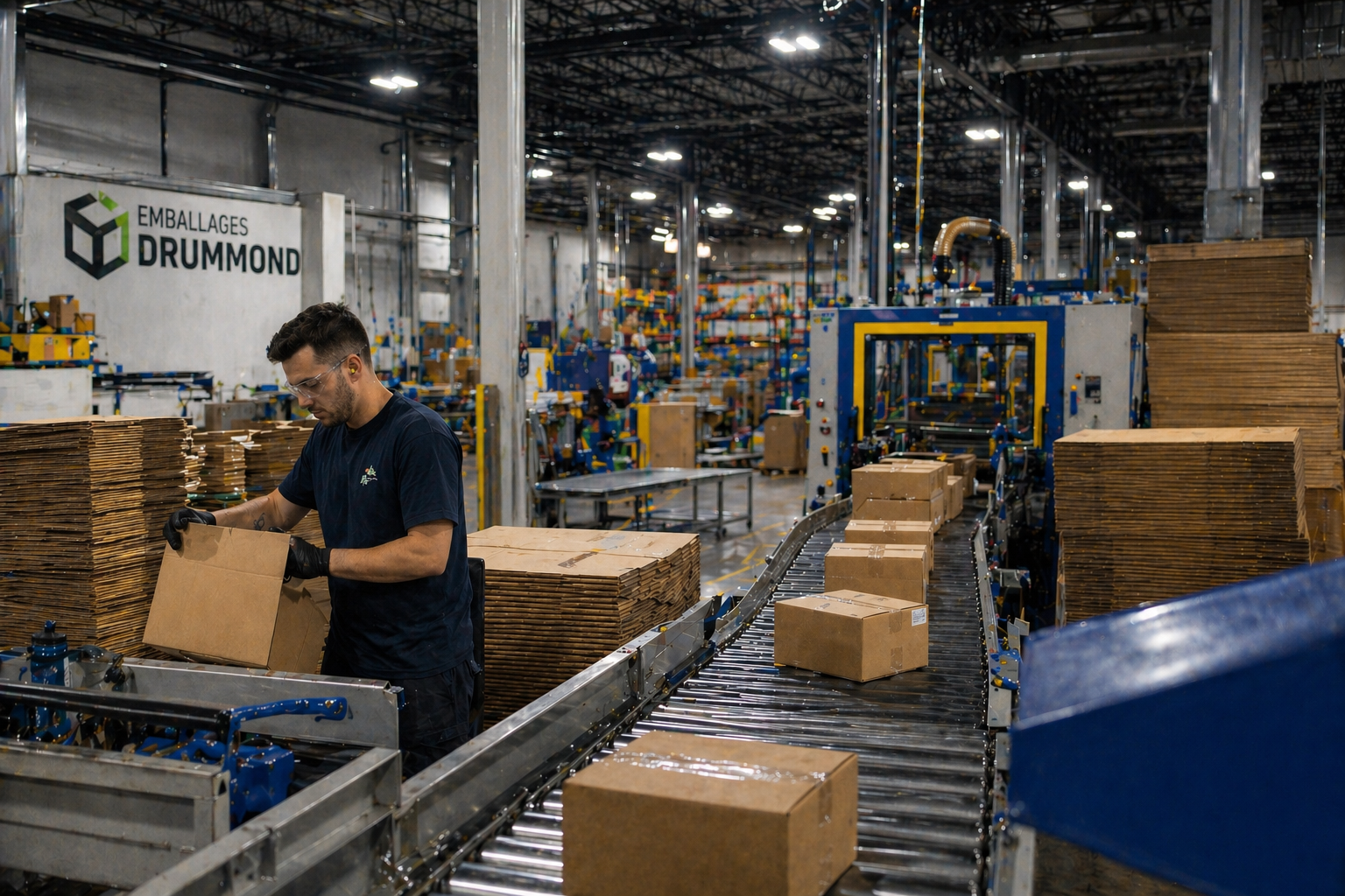 Operateur sur ligne de production dans l entrepot Emballages Drummond a Drummondville - industrie manufacturiere d emballage du Centre-du-Quebec avec convoyeur automatise - PME B2B manufacturiere qui a besoin d un systeme marketing structure pour generer des leads qualifies