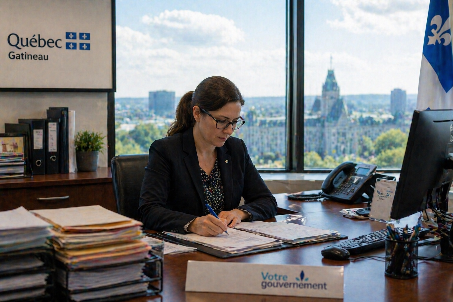 Dirigeante dans un bureau gouvernemental a Gatineau avec vue sur le parlement federal d Ottawa - marche B2B de l Outaouais a l interface du secteur prive quebecois et de l administration federale canadienne - contexte unique qui exige un systeme marketing conforme et structure