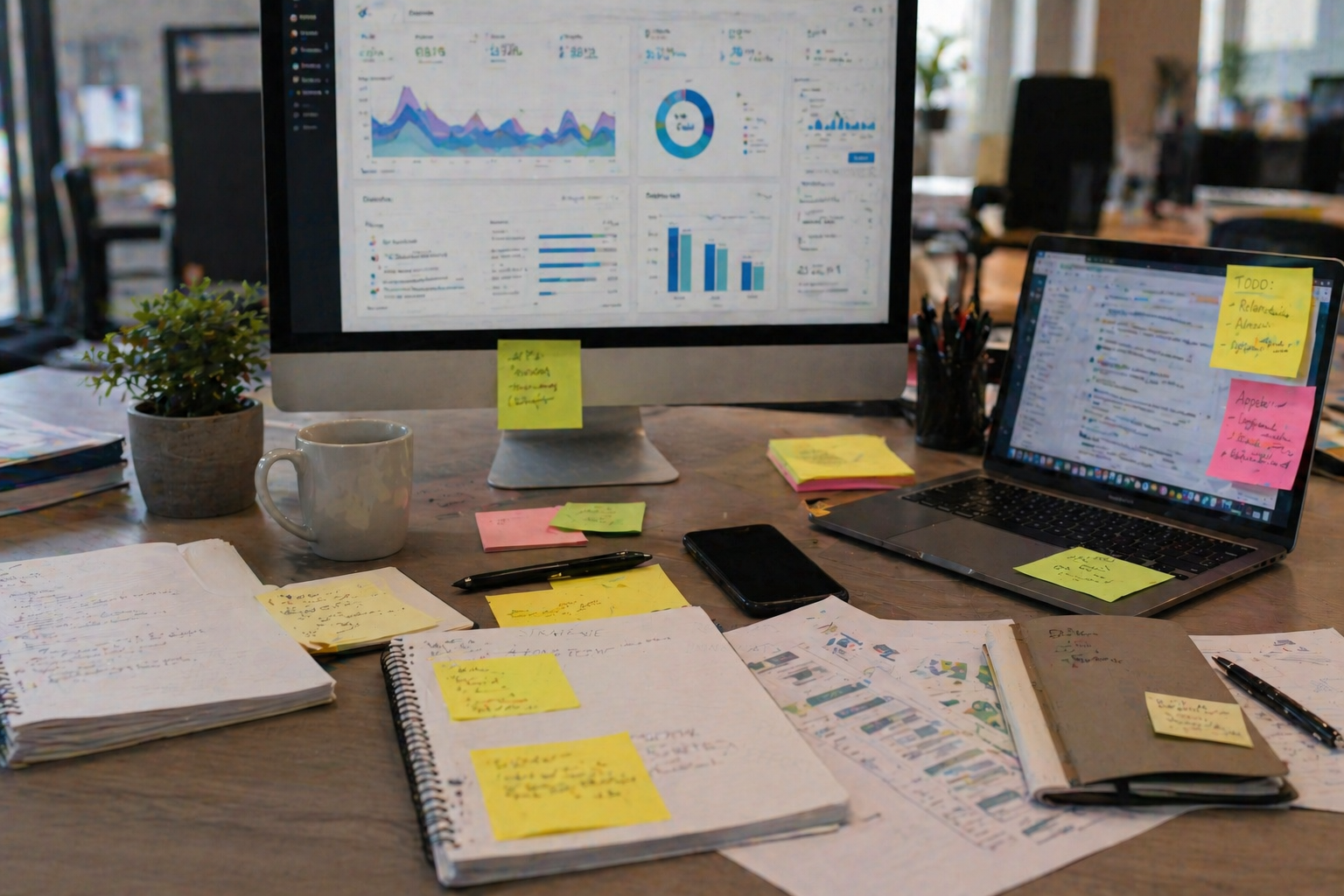 Bureau de dirigeant de PME avec marketing fragmente visible - ecran analytique avec multiples tableaux de bord non relies, cahiers de notes epars, post-its de taches urgentes sur laptop, plusieurs outils qui ne se parlent pas - symptome classique du marketing fragmente qui epuise les equipes B2B sans produire de pipeline previsible