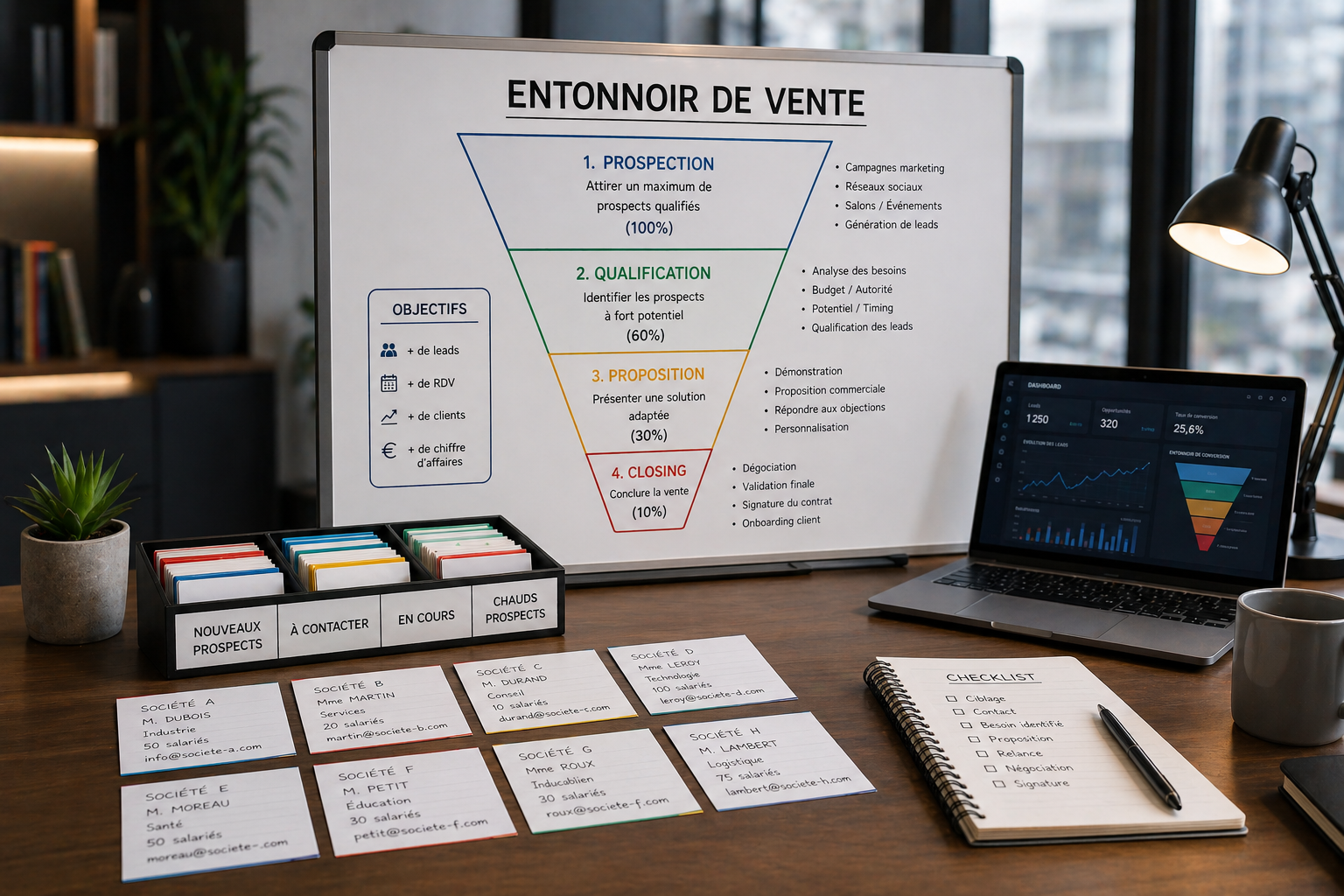 Bureau de commercial B2B avec tableau blanc entonnoir de vente 4 etapes - prospection 100 pourcent, qualification 60 pourcent, proposition 30 pourcent, closing 10 pourcent - fiches prospects classees par statut nouveaux, a contacter, en cours, chauds - systeme de qualification manuel qui montre le besoin d une structure automatisee pour les PME B2B