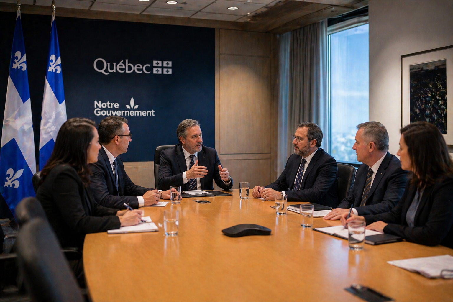 Reunion de direction dans une salle de conseil du gouvernement du Quebec avec drapeaux fleurdelyses - marche B2B de la capitale nationale structure autour des decisions institutionnelles et gouvernementales - PME de Quebec qui vendent aux organismes publics et prives ont besoin d un systeme marketing adapte aux cycles de decision longs