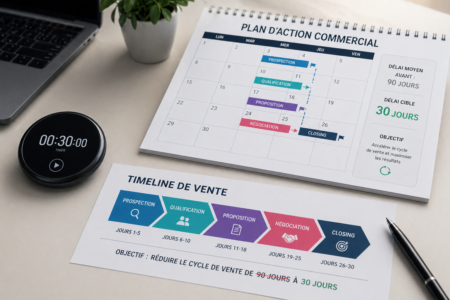 Plan d action commercial avec calendrier et timeline de vente montrant la reduction du cycle de 90 jours a 30 jours - 5 etapes sequencees prospection jours 1-5, qualification 6-10, proposition 11-18, negociation 19-25, closing 26-30 - minuteur 30 minutes symbolisant l objectif d acceleration du cycle de vente B2B pour PME francophones