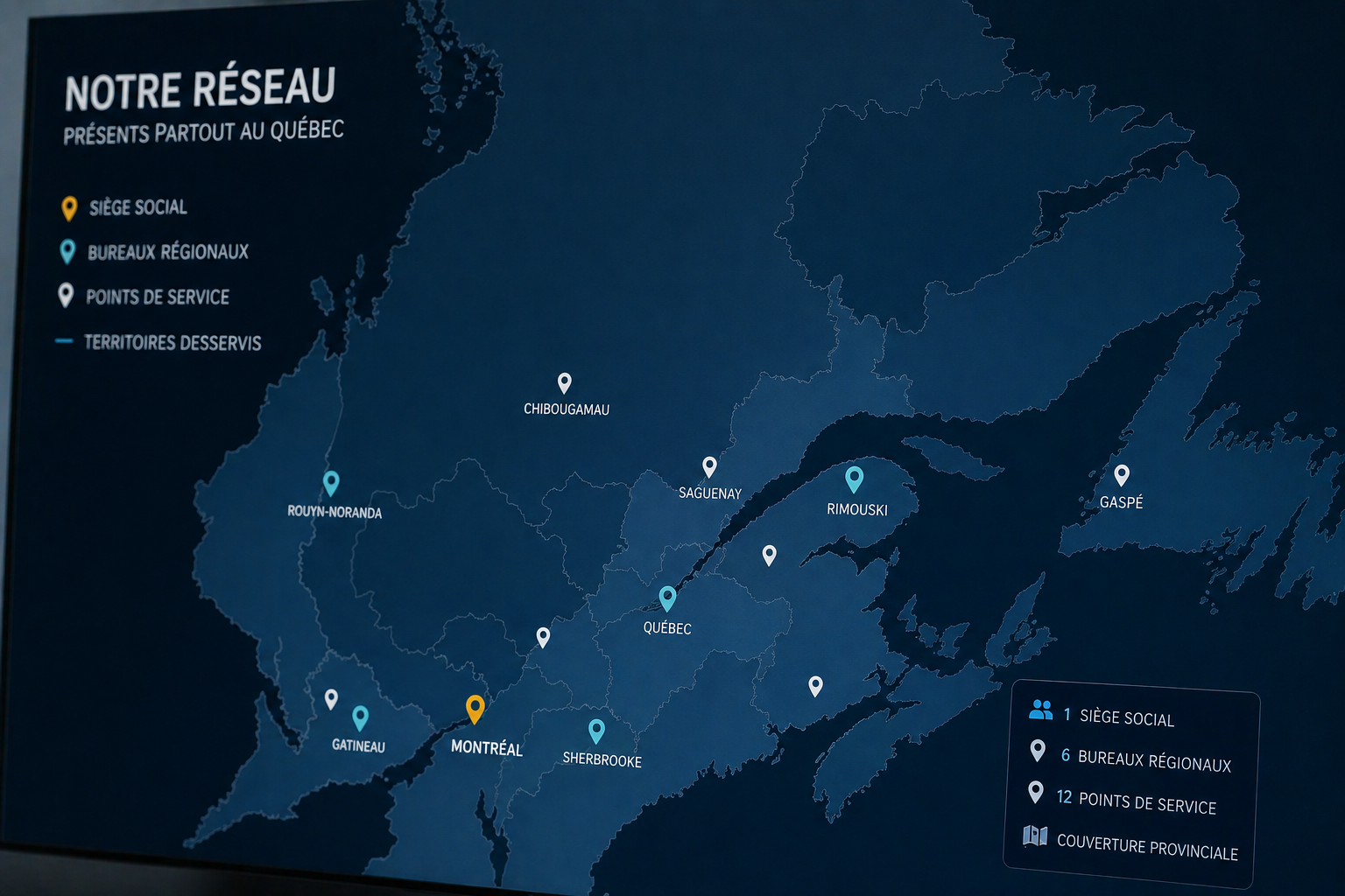 Carte du reseau NeuroBreak Studio present partout au Quebec - siege social a Montreal, 6 bureaux regionaux dont Quebec, Gatineau, Sherbrooke, Saguenay, Rimouski, Rouyn-Noranda - 12 points de service et couverture provinciale complete pour les PME B2B francophones de toutes les regions du Quebec